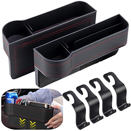 Xergur Car Seat Gap Organizer Front Seat Gap Filler, 1 Pair Multifunctional Car Storage Box with Cup Holder for Driver and Passenger Side - 4 Car Headrest Hooks for Purse Groceries Bag Handbag