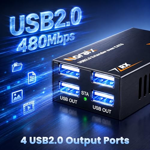 Image of USB 2.0 Extender Over Ethernet Cat6 /7 Up to 164ft /50m, 4 USB Hub Ports Extender Sender & Receiver, Plug and Play, 480Mbps, PoC Power Over Cable (RX), Built-in ESD Protection for PC, Printer
