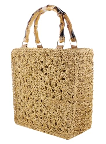 Image of Women Straw Tote Bags Beach Summer Floral Woven Shoulder Purse Travel Beach Handbag Handmade Purse