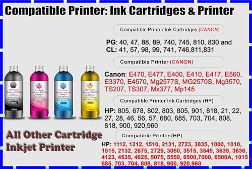 Image of CANOFF 4Ltr. Refill Ink Compatible for H: 805,678,802,803,805,901,818,21,22,27,28,46,56,57,680,685,703,704,808,818 Ink Cartridgre 1000ml Per Ink Bottle (CMYK)