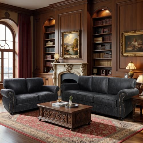 Image of Couchus 88 inch W Living Room Furniture Sets, Mid-Century Vintage Faux Leather Sofa and Couch Sets, Loveseat and Sofa Set with Nailhead Trim (Grey, Loveseat+3 Seater)