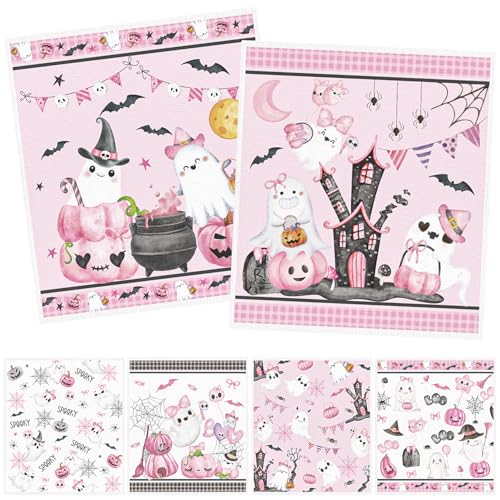 Deorfuy Juego de 6 paños de cocina suecos de Halloween rosados para cocina, juego de 6 paños de cocina reutilizables con diseño de calabaza fantasma, paños absorbentes para limpieza de fiestas en el