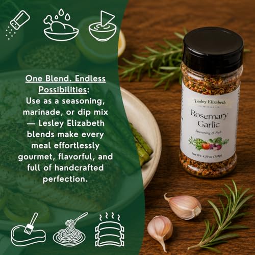 Image of Lesley Elizabeth Rosemary & Garlic Rub - All-Purpose Herb & Garlic Seasoning Blend | Gourmet Grill & Cooking Spice for Chicken, Beef, Pork, Seafood & Vegetables