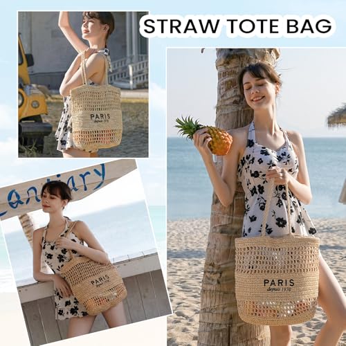 Image of Pleneal Beach Bags for Women - Women Beach Tote Bag, Summer Mesh Hollow Straw Tote Bag for Holiday Market