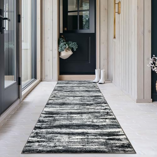 KOZYFLY Modern Abstract Hallway Runner Rug, 2.6x8 Washable Rug Runner Non-Slip Soft Striped Kitchen Runner Rugs, Black Navy Blue Grey Carpet Runner for Entryway Bathroom Laundry Room Foyer