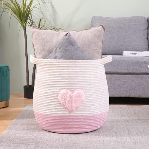Lauatiiu Großer Korb aus Baumwollseil, gewebter Aufbewahrungskorb für Spielzeug, Wäsche- und Decken-Organizer, runder Geschenkkorb mit Griffen für Kinderzimmer D45xH43 CM Patentiertes Produkt