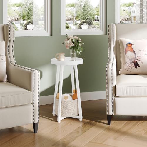 Image of HOOBRO Small Round Side Table, 2-Tier Round Sofa End Table, Compact Nightstand with Cotton Linen Storage Basket, for Small Space, Living Room, Bedroom, Dorm, White WW183BZ01