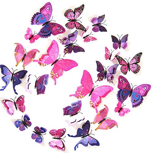 JYPHM 24PCS 3D Butterfly Wall Decal Double Wings Removable Refrigerator Magnets Stickers Decor for Kids Room Decoration Home and Bedroom Art Mural Purple