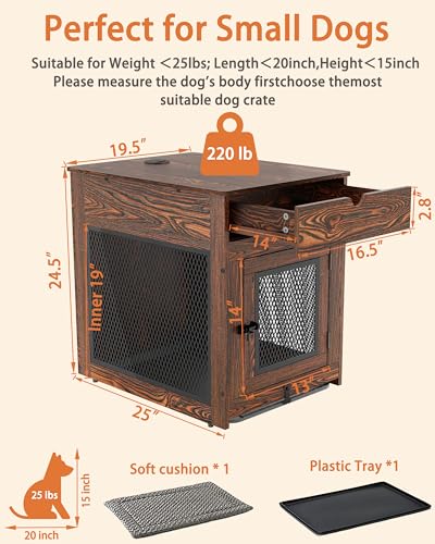 Piskyet Dog Crate Furniture,Wooden Dog Crate End Table with Storage Drawer&Cushion&Tray, QC3.0 Wireless Charging,Dual USB,Small Dogs Rustic Style - Image 3