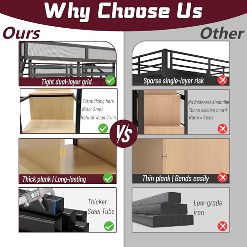 Mirightone Full Size Loft Bed with Stairs and Storage, Metal Loft Bed Frame with Bedside Shelf and Large Under-Bed Space, Heavy-Duty Bed for Adults Teens and Kids, Convertible Staircase, Black