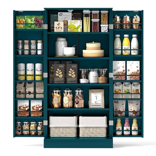 GIANTEX Aparador de Cocina con 2 Puertas, 60 x 40 x 120 cm, Armario de Almacenamiento con 17 Estantes, con Kit Antivuelco, Mueble Auxiliar de Madera para Cocina, Comedor, Salón (Verde Oscuro)