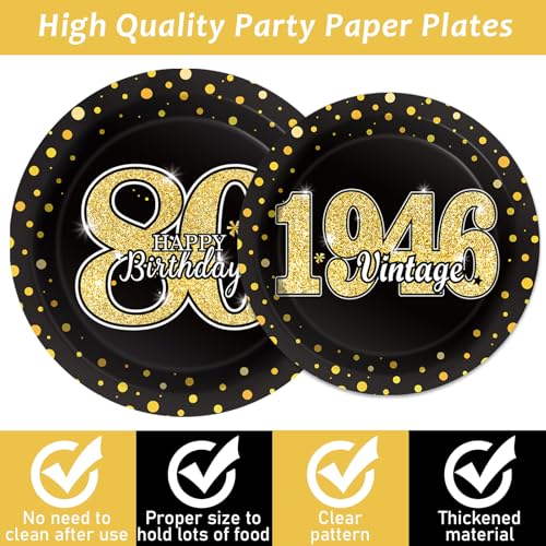 Image of 200PCS 80th Theme Birthday Party Tableware Vintage 1946 Party Supplies 80 year old Birthday Party Decorations Plates Napkins Forks Black and Gold Dinnerware Favors for Men or Women