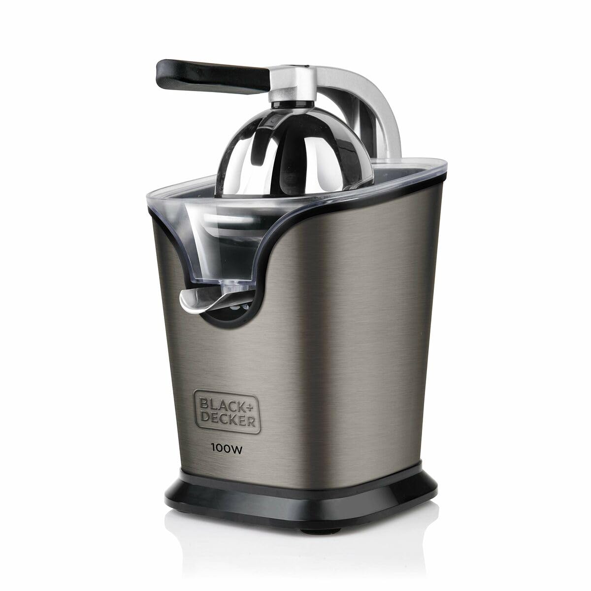 BLACK+DECKER BXCJ100E - Spremiagrumi professionale a leva, leva in alluminio, 100W, 2 coni, corpo in acciaio inossidabile anti-impronta, sistema anti-goccia, piedini antiscivolo