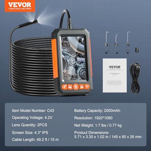 Image of VEVOR Endoscope Camera with Light, Dual Lens Borescope with 49.2FT Semi-Rigid Cable, 4.3 inch Screen 1080P Inspection Camera, 8 + 1 LED Lights, 4X Zoom, IP67 Waterproof Snake Camera for Auto, Plumbing