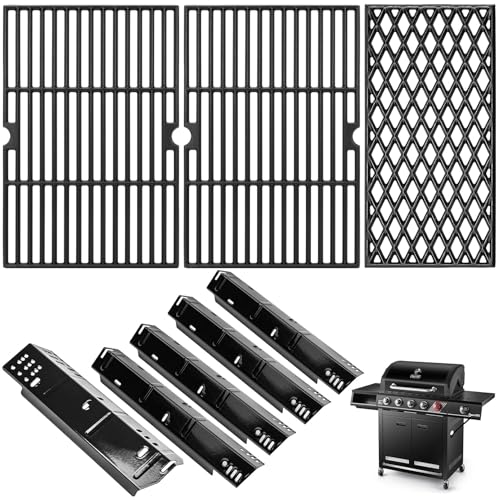 Image of SafBbcue Grill Replacement Parts for Dyna-Glo 5 Burner DGH474CRP, DGH485CRP, DGH483CRP, DGH474CRN Grills, Cast Iron Grill Grates, Porcelain Steel Heat Plates, Grill Parts Kit