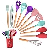 [Silicona de alta calidad] Los utensilios de cocina están hechos de silicona de grado alimenticio y no contienen bisfenol que puede garantizar la salud de usted y su familia. Además, el material de silicona es relativamente suave y no araña la base. No te preocupes.