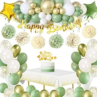 Birthday Decorations for Women Man,SIMSPEAR Birthday Party Decorations Green Gold with Avocado Green Balloons,Happy Birthday Banner,Cake Topper,Tablecloth Pompons for Women Man Bithday Decortions