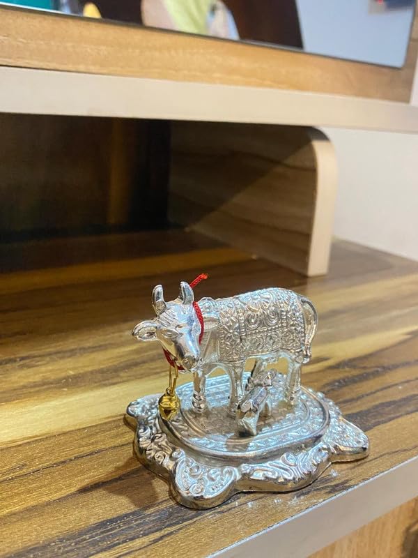 Image of Silver Small Metal Kamdhenu Cow and Calf Idol Holy Spiritual Showpiece for Vastu, GAI bachda, Good Luck Gift, Kamdhenu Gau MATA, Pooja Temple Decor for Navratri Diwali Gift- 5x5x2 CM