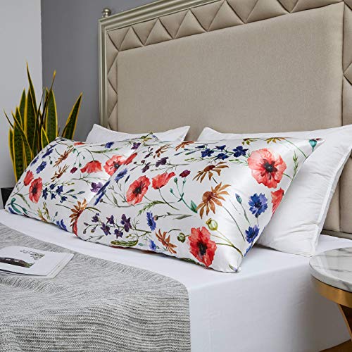 Image of MR&HM Satin Pillowcase for Hair and Skin, Silk Satin Pillowcase 2 Pack, King Size Pillow Cases Set of 2, Silky Pillow Cover with Envelope Closure (20x40, Floral Mixted)
