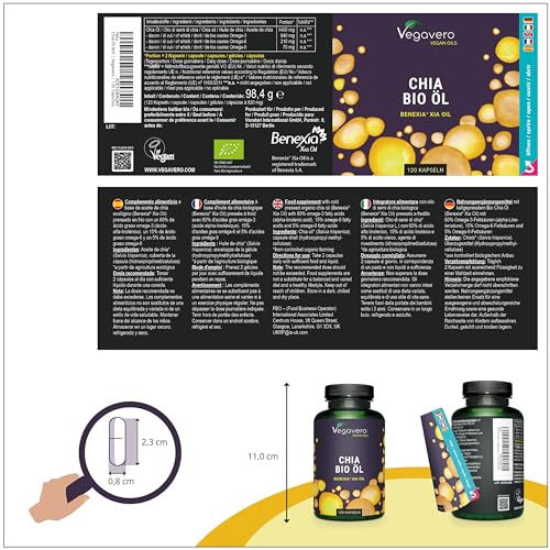 Bio Chia Öl Kapseln | 840 mg Omega 3 Vegan - Ohne Gelatine | Chia Samen aus Chile | Premium: Rohstoff Benexia® | Laborgeprüft | Ohne Zusatzstoffe | Deutsche Produktion Vegavero® – Bild 3