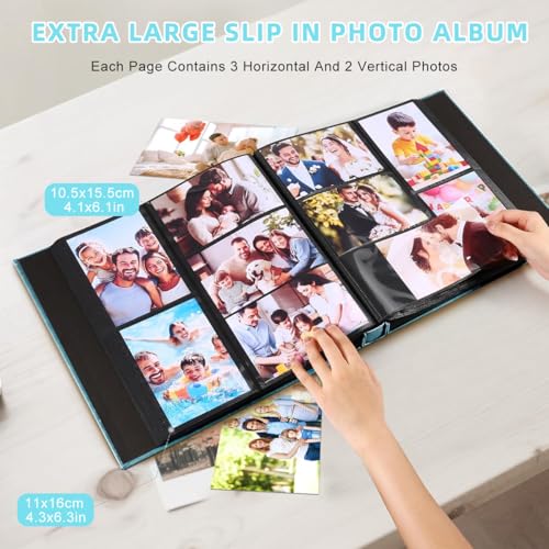 Image of HASTHIP Cloth Photo Album, Hardcover Album for Photos Collection with 600 Sheet, Scrap Books for Memories Clear Photo Pockets Family Photo Book for Baby Milestone, Wedding, Travel, 33.5x34x5cm, Blue