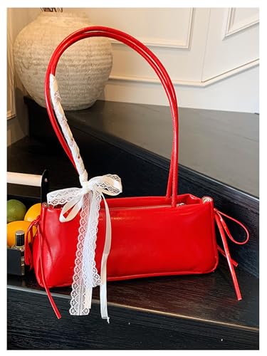 Women's Lace Bowknot Double Handle Shoulder Handbags Y2K Zipper PU Leather Underarm Bags Cute Purses2