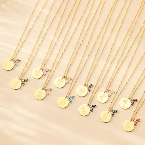 14k Gold Plated Birth Month Flower Birthstone Pendant Necklace, Floral Charm Necklace for Women Birthday Gift3