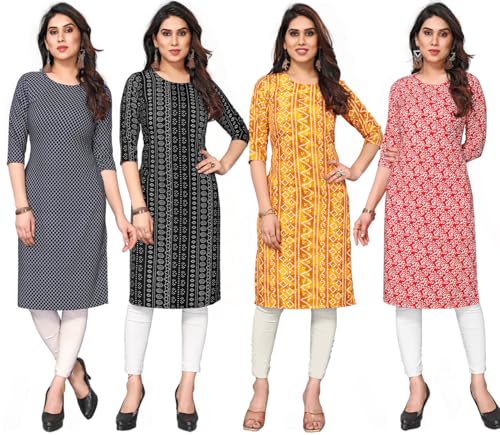 Image of JAKHANA Women's Crepe Printed Casual Straight Calf Length Round Nick Kurta Pack of 4