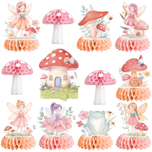 Fairy Mushroom Honeycomb Centerpieces 11PCS Enchanted Forest Birthday Party Decorations, Double-Sided Watercolor Table Decor for Baby Shower, Woodland Garden First Birthday Supplies