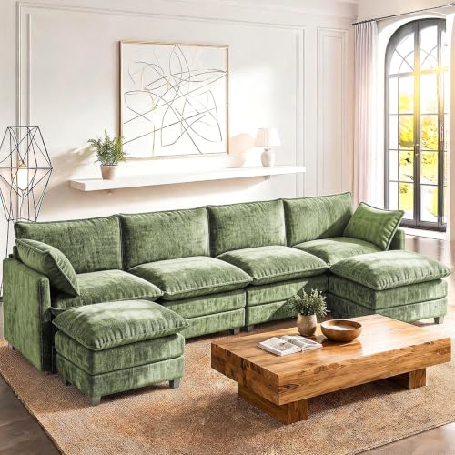 Image of LEVELEVE 146 inch U-Shape Modular Sofa with 2 Ottomans, Deep Seat Cloud Convertible Sleeper, 2 Arm Pillows, Comfortable Large Upholstered Furniture for Living Room Apartment, Green