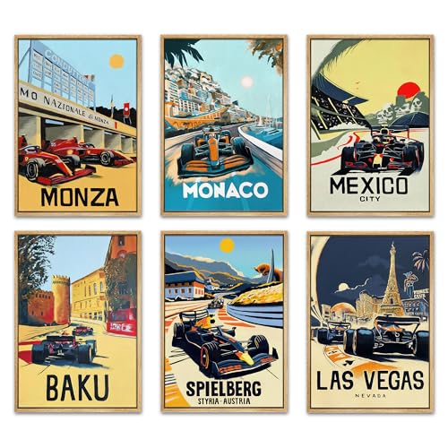 WLHARTT Car Posters F1 Wall Art Set of 6, Vintage Men Racing Canvas Wall Decor Paintings, Colorful Race Car Prints Pictures for Boy Room Men Room Bedroom Office Unframed 8x10 Inch