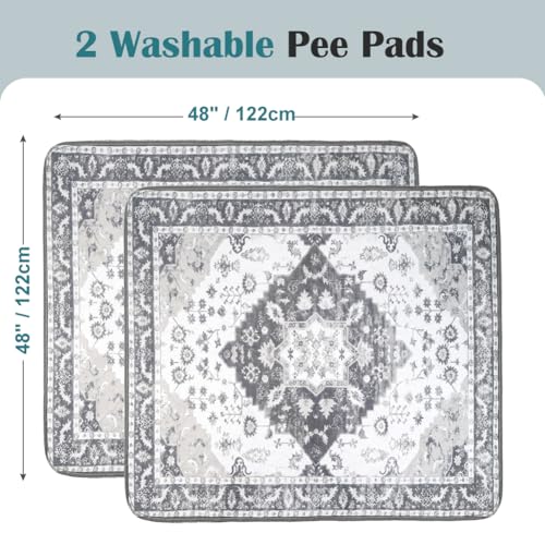 Image of Washable Pee Pads for Dogs, 2 Pack Reusable Puppy Training Pads 48 inchx48 inch Super Absorbent Waterproof Dog Training Pads, Non-Slip Potty Pads, Whelping Pads Litter Mat Light Grey Medallion