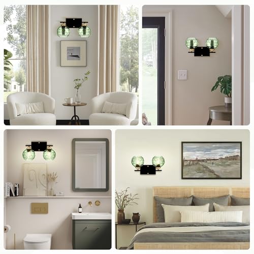Image of Mid Century Wall Lamp 2-Light Green Glass Bathroom Vanity Light Fixture Shade Vintage Black Wall Sconce Light for Living Room Hallway Bedside (2-Light, Green)