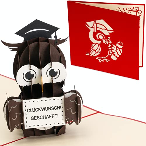 Liebessa 3D Pop Up Karte - Eule mit Doktorhut - Endlich! Geschafft! Geschenk zum Abi, Bachelor, Master, Meister, Schulabschluss, Doktor, Uni, Abschlussprüfung
