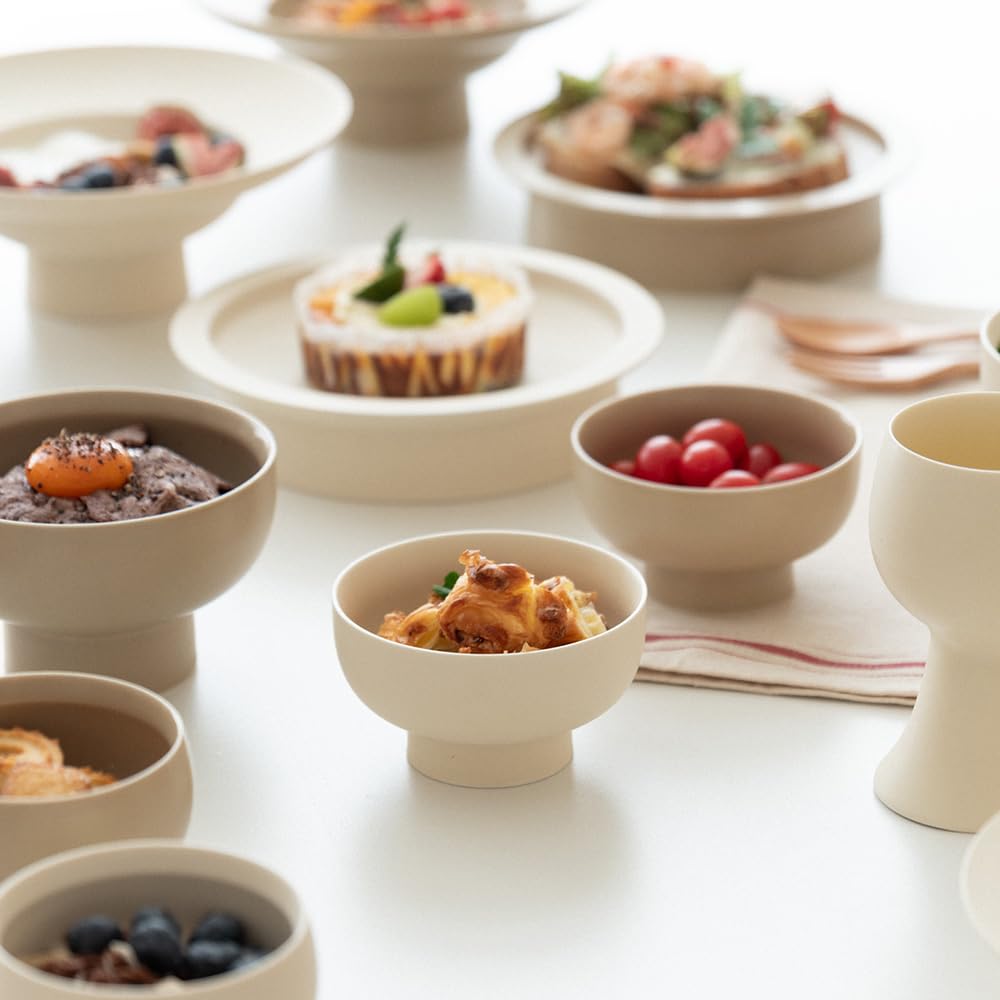 Frutero profundo de pie alto, cuenco decorativo con pedestal de cerámica, cuenco redondo para ensalada, 3.38 pulgadas de alto x 5.5 pulgadas de ancho, tamaño pequeño, 17 onzas, crema mate 4