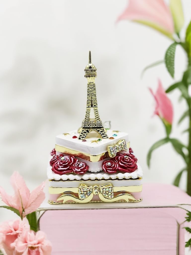 Decorative Eiffel Tower Jewelry Box with Roses trinket box Enamel home decoration gift for friend Tabletop counter decorations