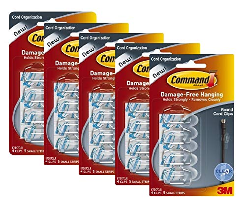 3M Command 17017CLR Cord Clips (White, 4 Clips and 5 Strips) - Pack of 5