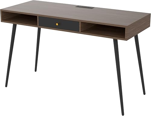 HomSof Puertos USB de mediados de siglo y toma de corriente, cajones de estudio de escritura modernos, escritorio multifuncional para computadora de