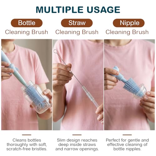 Image of TONY STARK Baby 3-in-1 Silicone Bottle Cleaning Brush Set | 360 Rotatable Handle, BPA-Free Soft Bristles for Cleaning Bottles, Nipples & Pacifiers Safely (Blue)