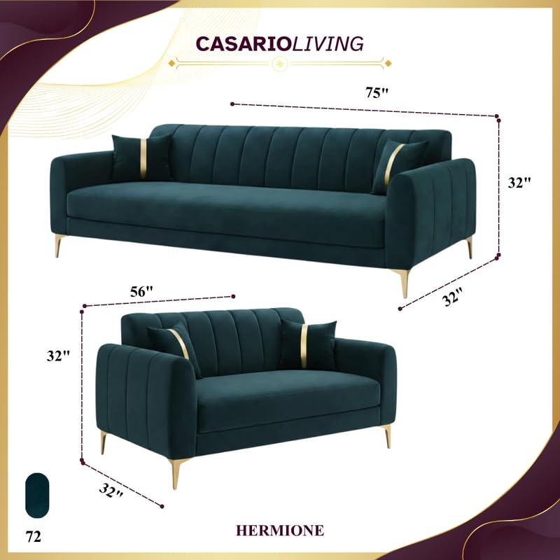 Image of Hermione Luxe Velvet-Suede Fabric 3 Seater + 2 Seater Sofa Set | Golden Legs | Comfortable & Spacious Seating | Modern Sofa Set for Living Room - Green Teal