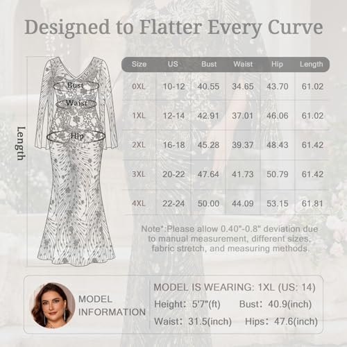 Image of Plus Size Formal Dresses for Women with Embroidery Sequin and Cape Sleeve, V-Neck Maxi Dress for Wedding and Party