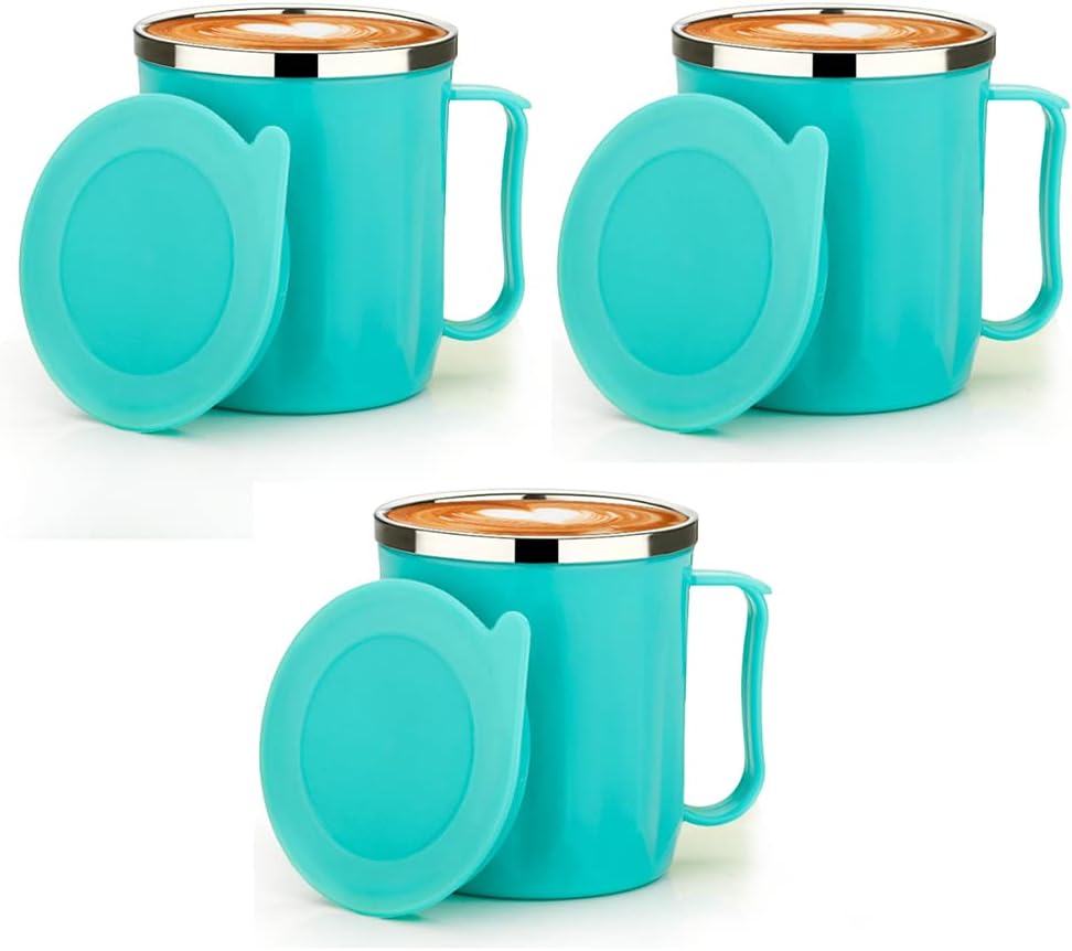 Primelife Coffee Mug Unbreakable Insulated Double Wall Proof Plastic 300 ML Stainless Steel Tea Coffee Milk Cup with Lid - Multicolor (Coffee Cup)(Set of 3)