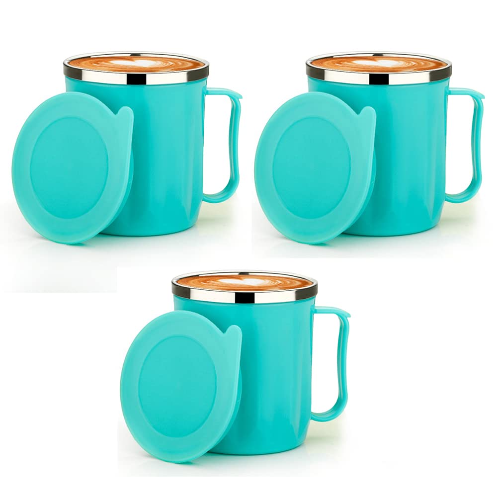 Primelife Coffee Mug Unbreakable Insulated Double Wall Proof Plastic 300 ML Stainless Steel Tea Coffee Milk Cup with Lid - Multicolor (Coffee Cup)(Set of 3)