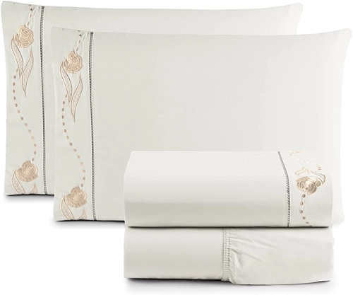 Jogo de Cama Lençol Queen Bordado Imperial Realeza 4 Peças 200 Fios Percal 100% Algodão (PALHA)