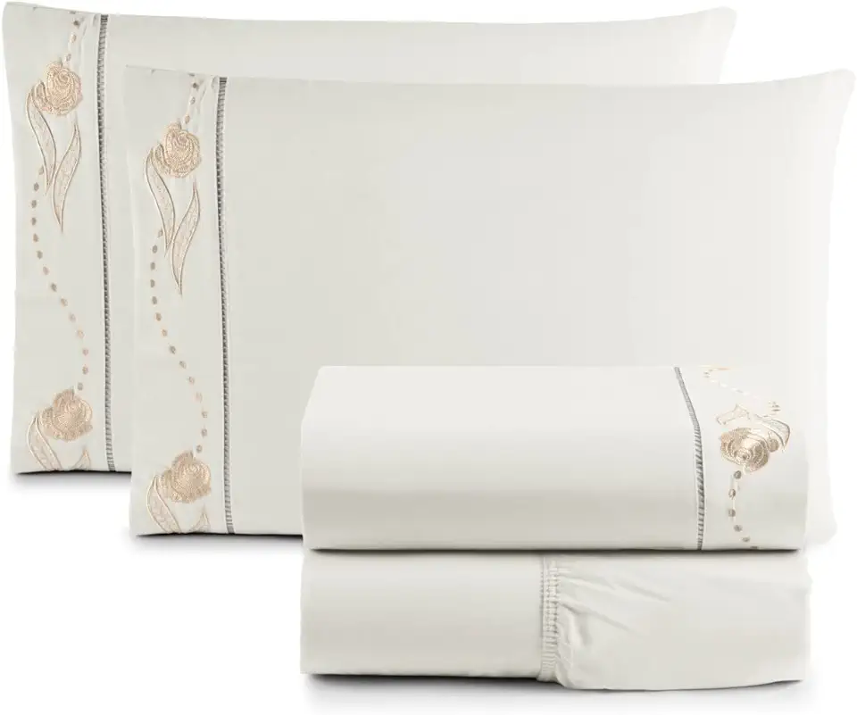 Jogo de Cama Lençol Queen Bordado Imperial Realeza 4 Peças 200 Fios Percal 100% Algodão (PALHA)