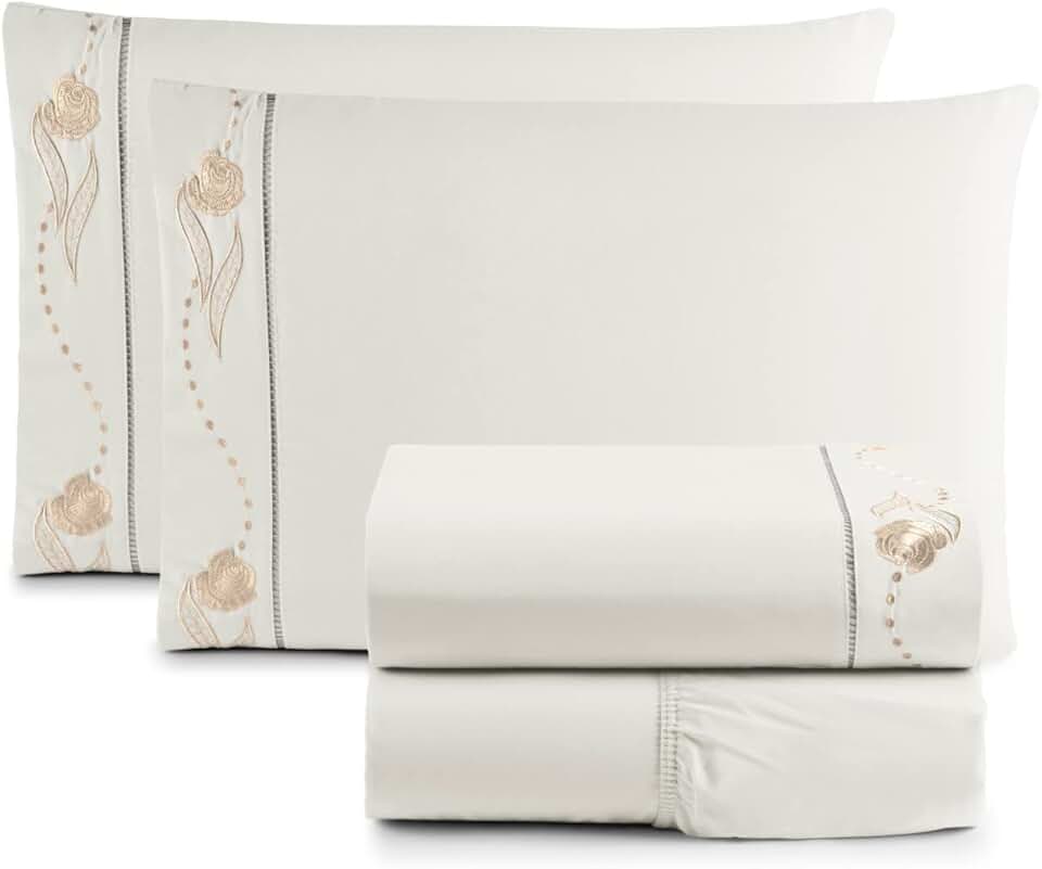 Jogo de Cama Lençol Queen Bordado Imperial Realeza 4 Peças 200 Fios Percal 100% Algodão (PALHA)