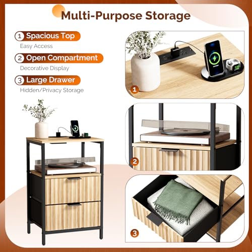 Image of Bonnlo Fluted Nightstand Set of 2, Fabric Dresser with 2 Drawers and 1 Shelf, Bedside Table /End Table with Charging Station, Nightstand for Bedroom, Livingroom, College Dorm, Oak