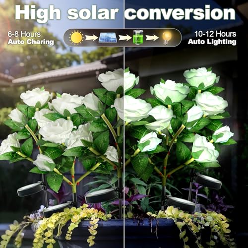 Image of Anordsem Solar Garden Lights Outdoor: 10 Waterproof Fabric Roses 2 Pack - White LED Flower Decorations for Yard Patio Path Cemetery Grave - Mother's Day Gift for Her Women Mom Wife