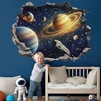 TOARTi Space Astronauts Wall Stickers,Blue Planets 3D Rockets Wall Art Decals for Boys Bedrooms,Solar System Mural Vinyl Removable Sticker for Nursery