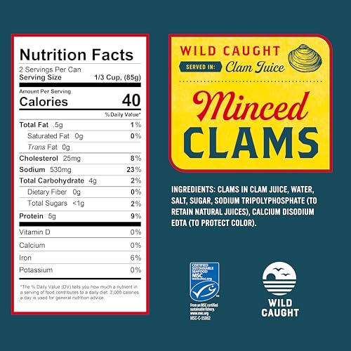 Image of Snow's Wild Caught Minced Clams Canned, 6.5 oz Can (Pack of 12) - 5g Protein Per Serving - Gluten Free, Keto Friendly, 99% Fat Free